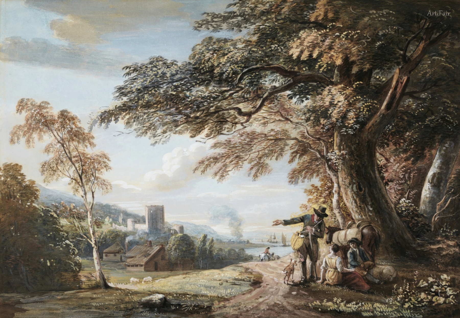 Travellers Resting on a Country Road, a Castle and Harbour Beyond