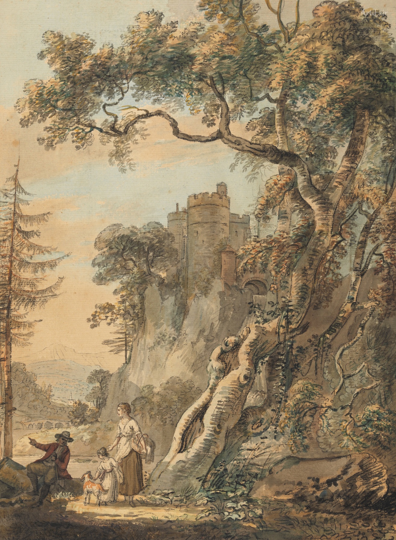 Romantic Landscape - Peasants at the foot of a castle on a crag