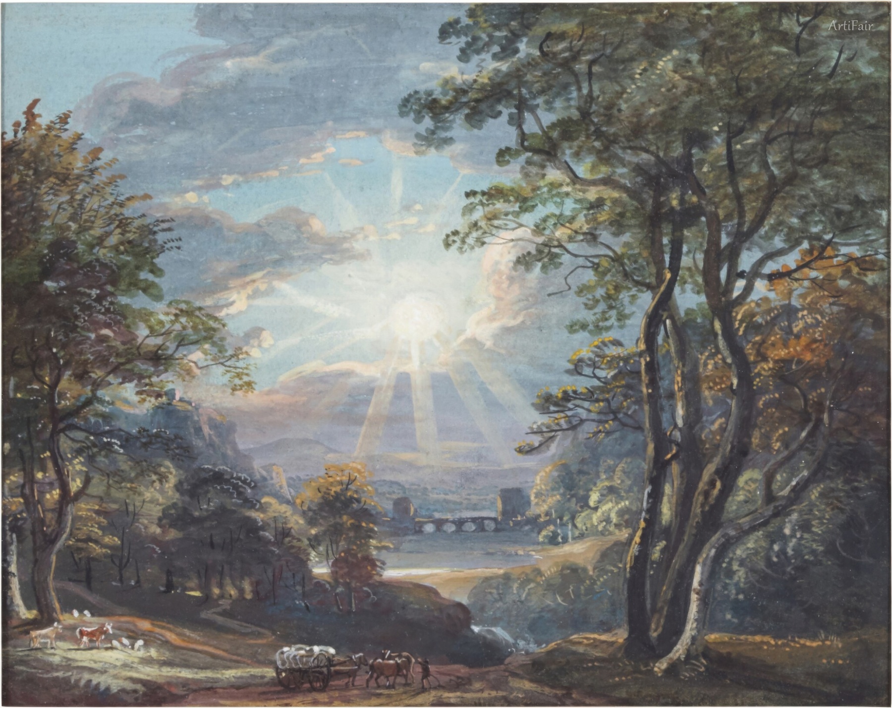 A Wooded Landscape with a Setting Sun