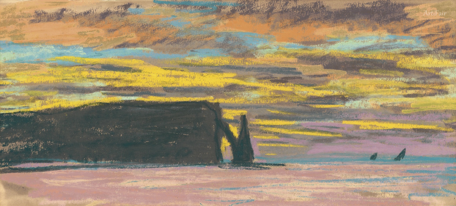 1885 Étretat, aiguille et porte d'aval, soleil couchant
