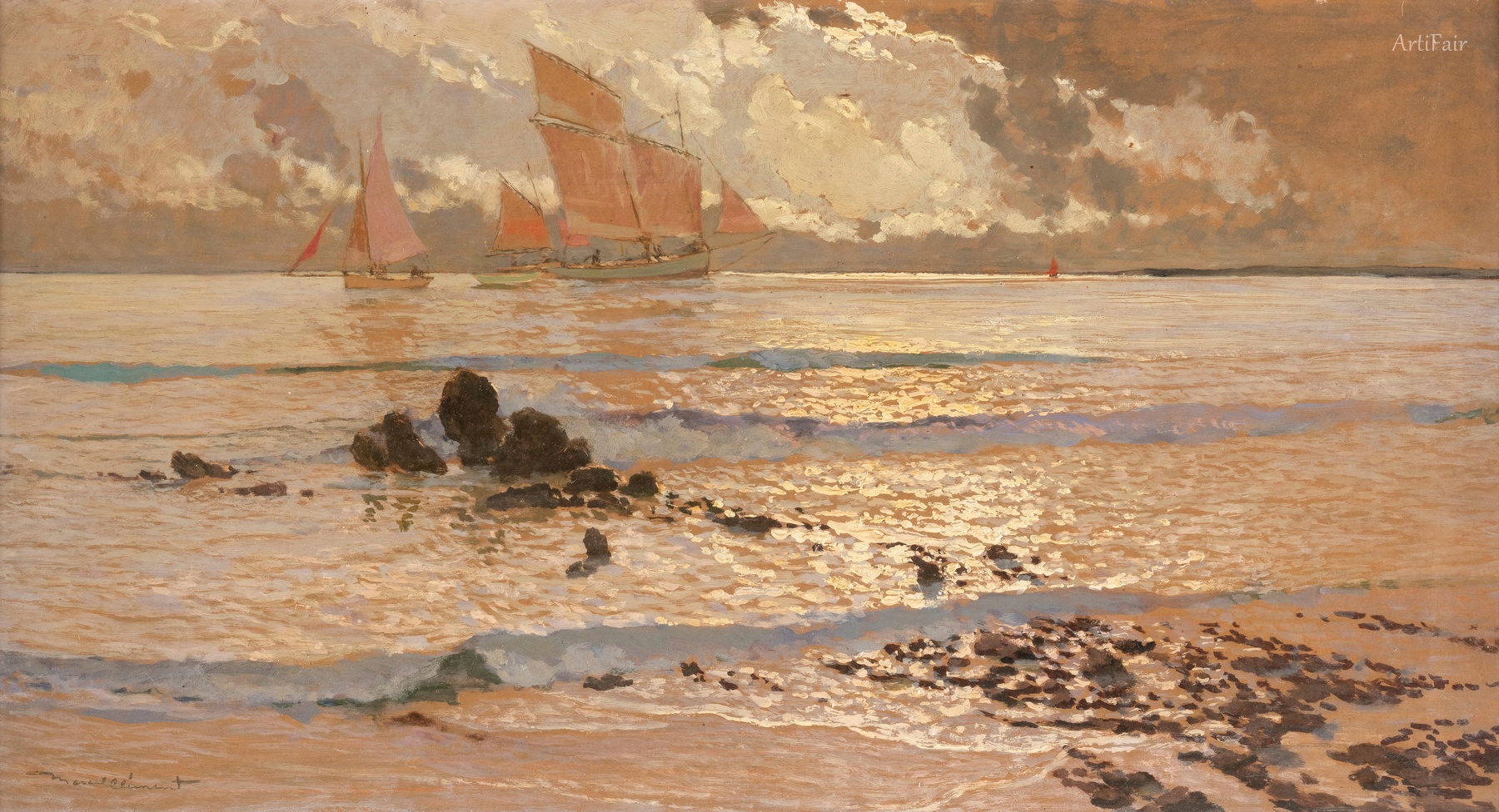 Fishing boats in front at the coast in the evening light