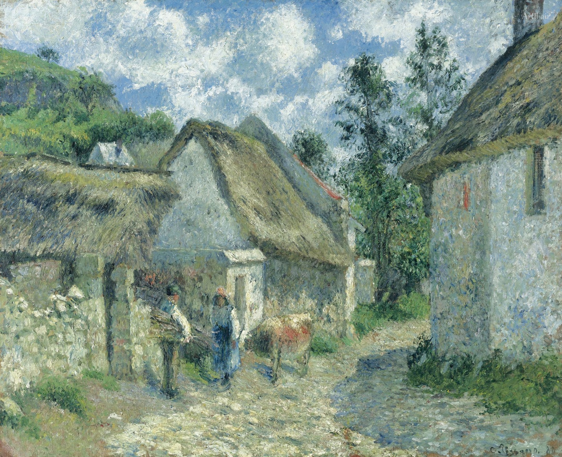 Rue de Roches au Valhermeil à Auvers-sur-Oise, thatched cottages and cow
