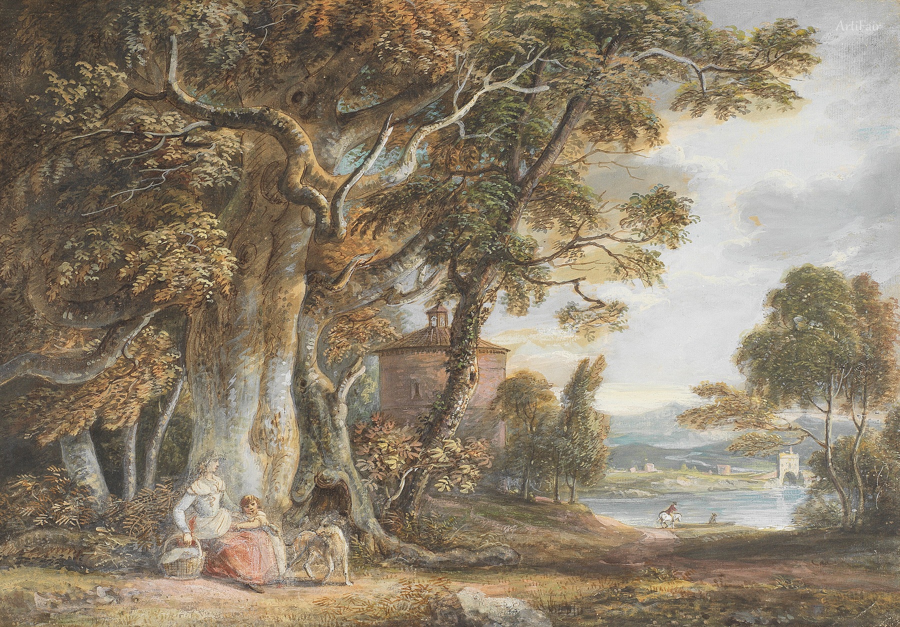 A Woman and Child on a Path Near a Rotunda, a Ferry Crossing Beyond