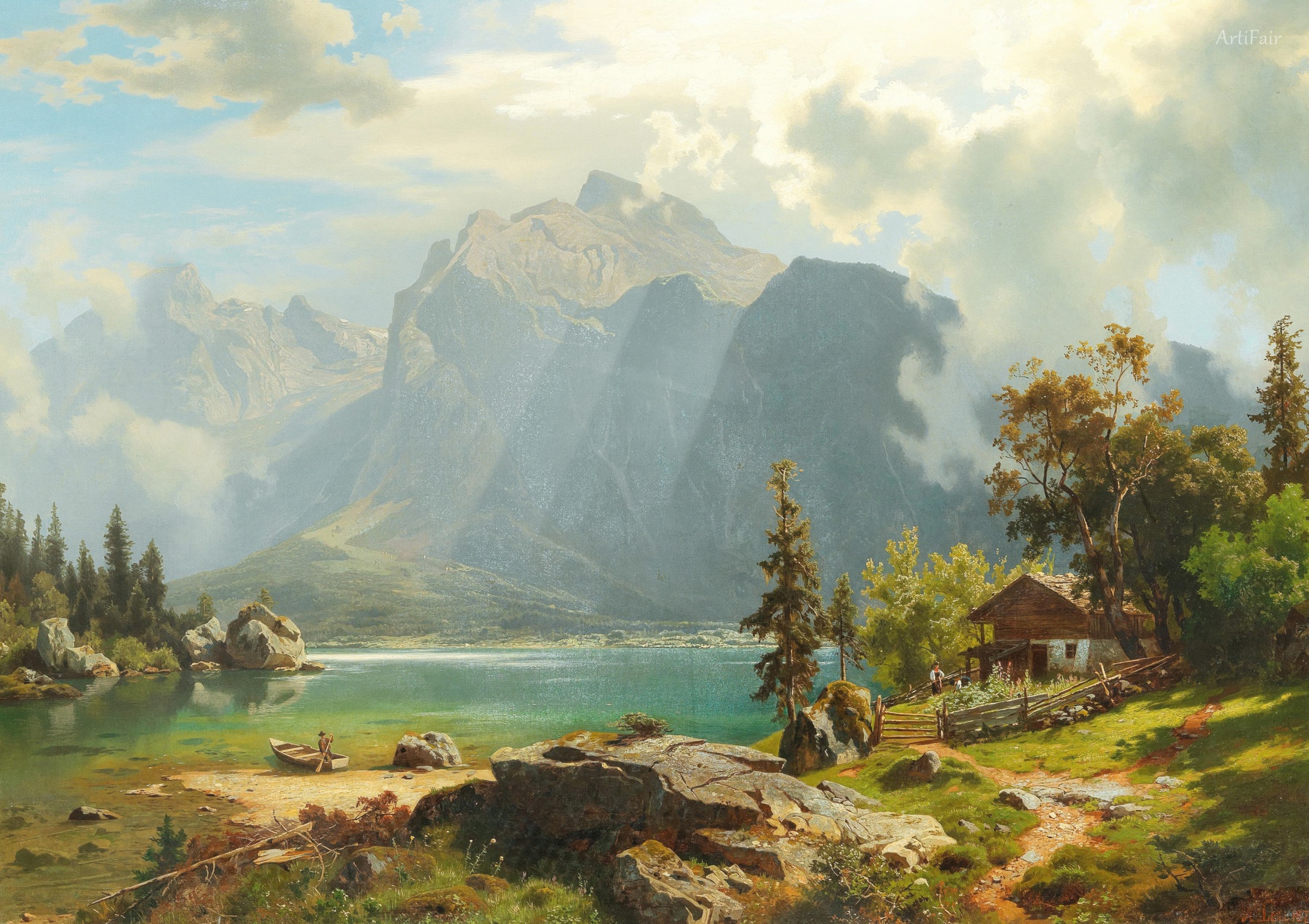 Mountain Lake with Chalet and decorative figures