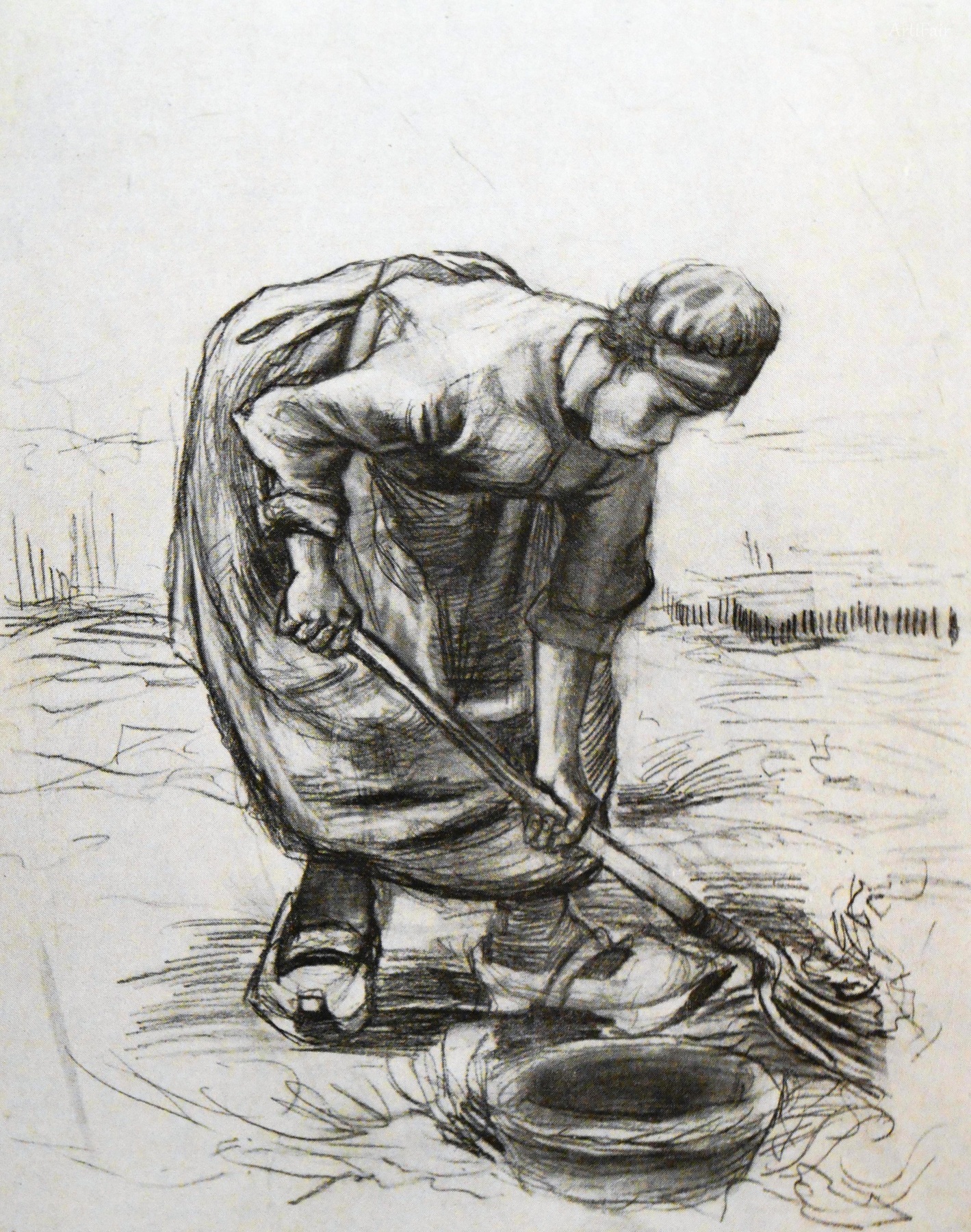 Peasant woman, digging potatoes, with basket