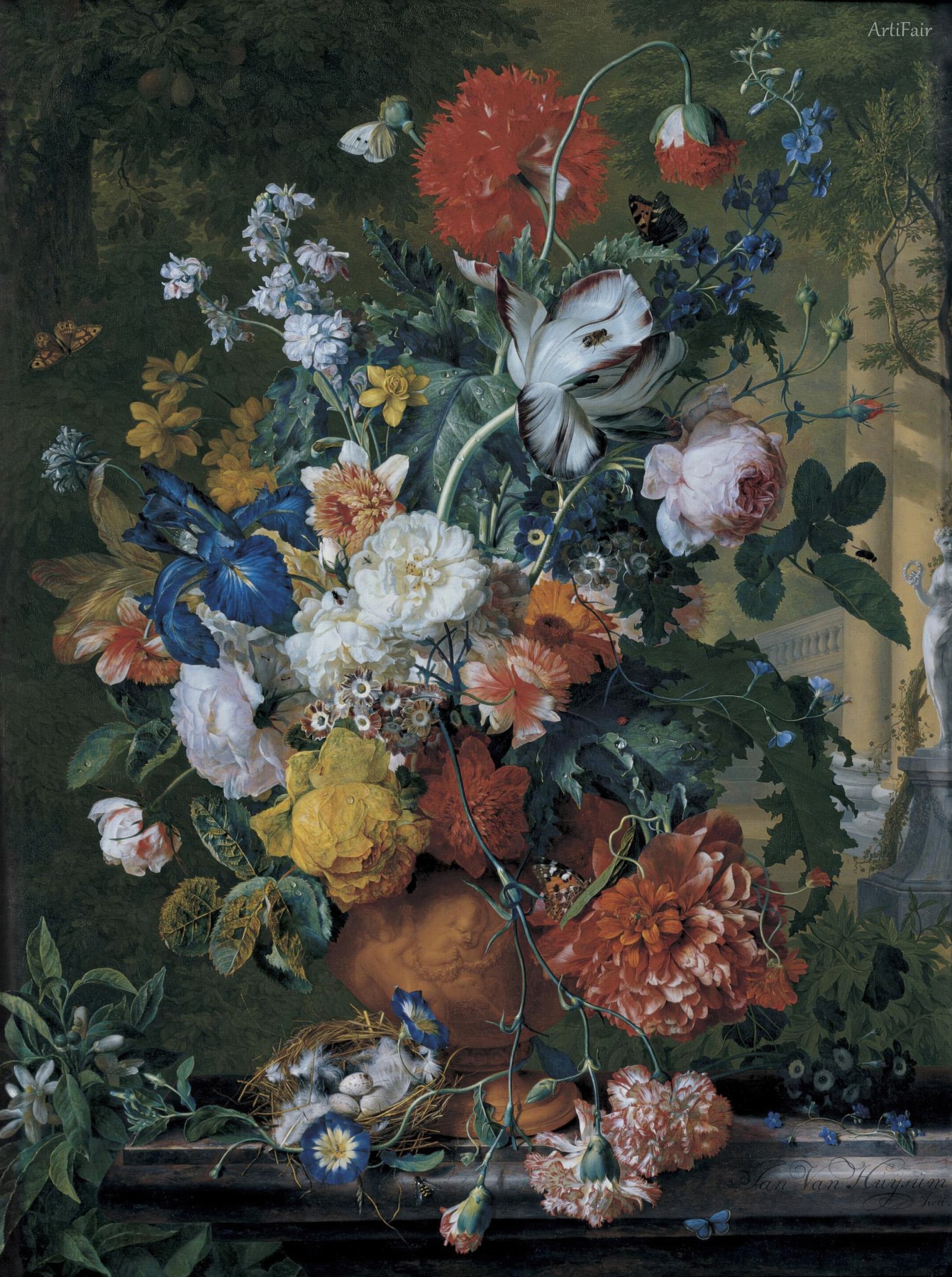 Flowers in a Terracotta Vase on a Marble Ledge
