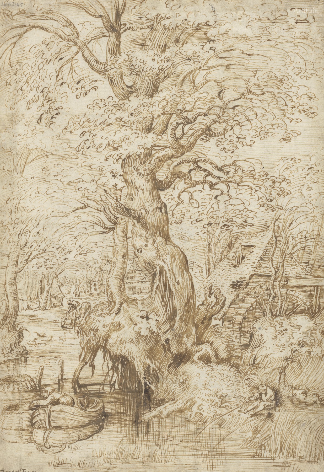 Angler at a stream under a large tree 1554