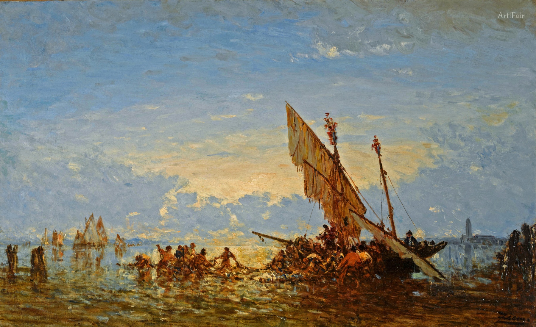 Lodě a rybáři na laguně
