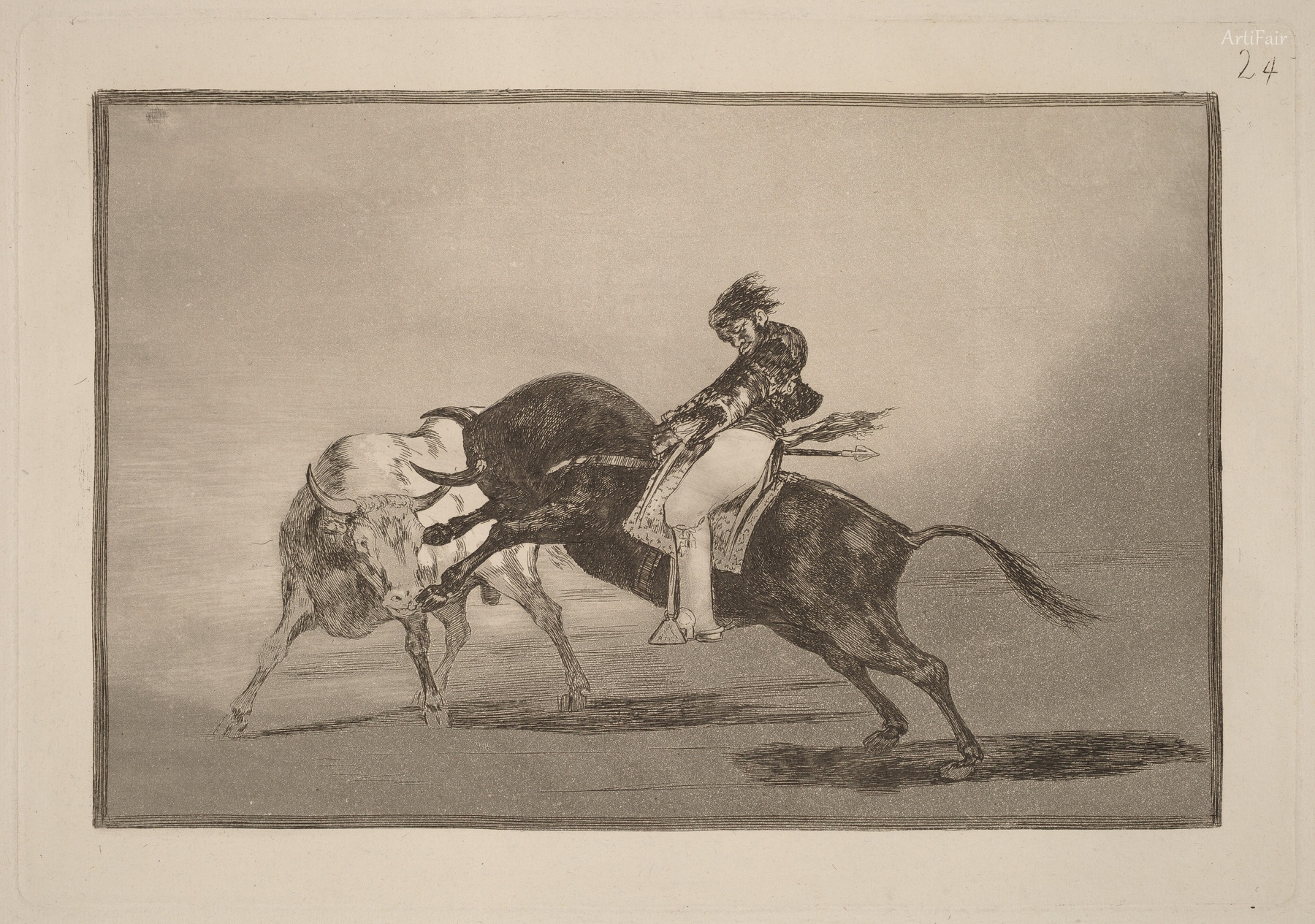 El mismo Ceballos mounted on another bull breaks javelins in the Plaza de Madrid